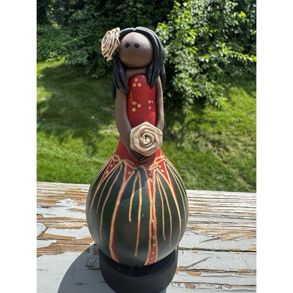 OOAK Signed Jelena Clay Mixed Media Gourd Art Figurine Hula Girl 4.5"